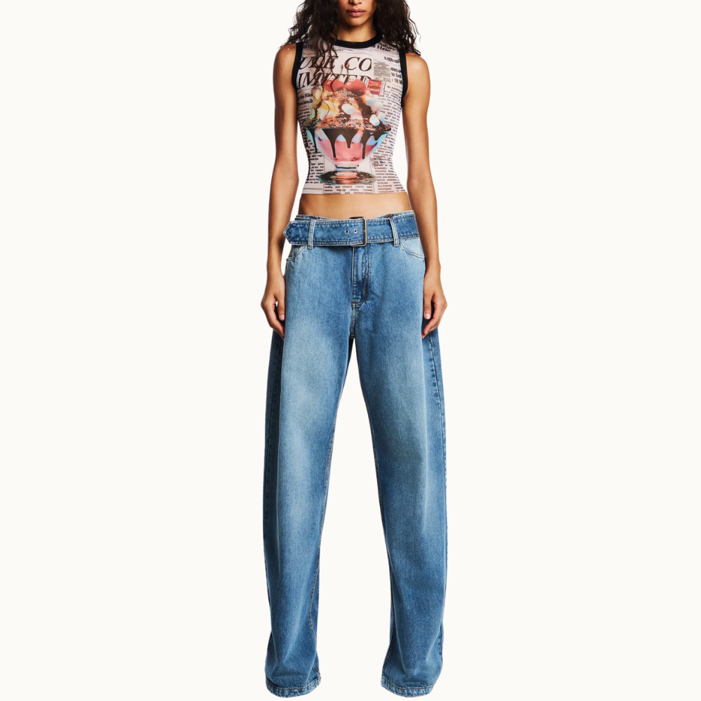 CALÇA JEANS PERNA LARGA CINTO CINTURA