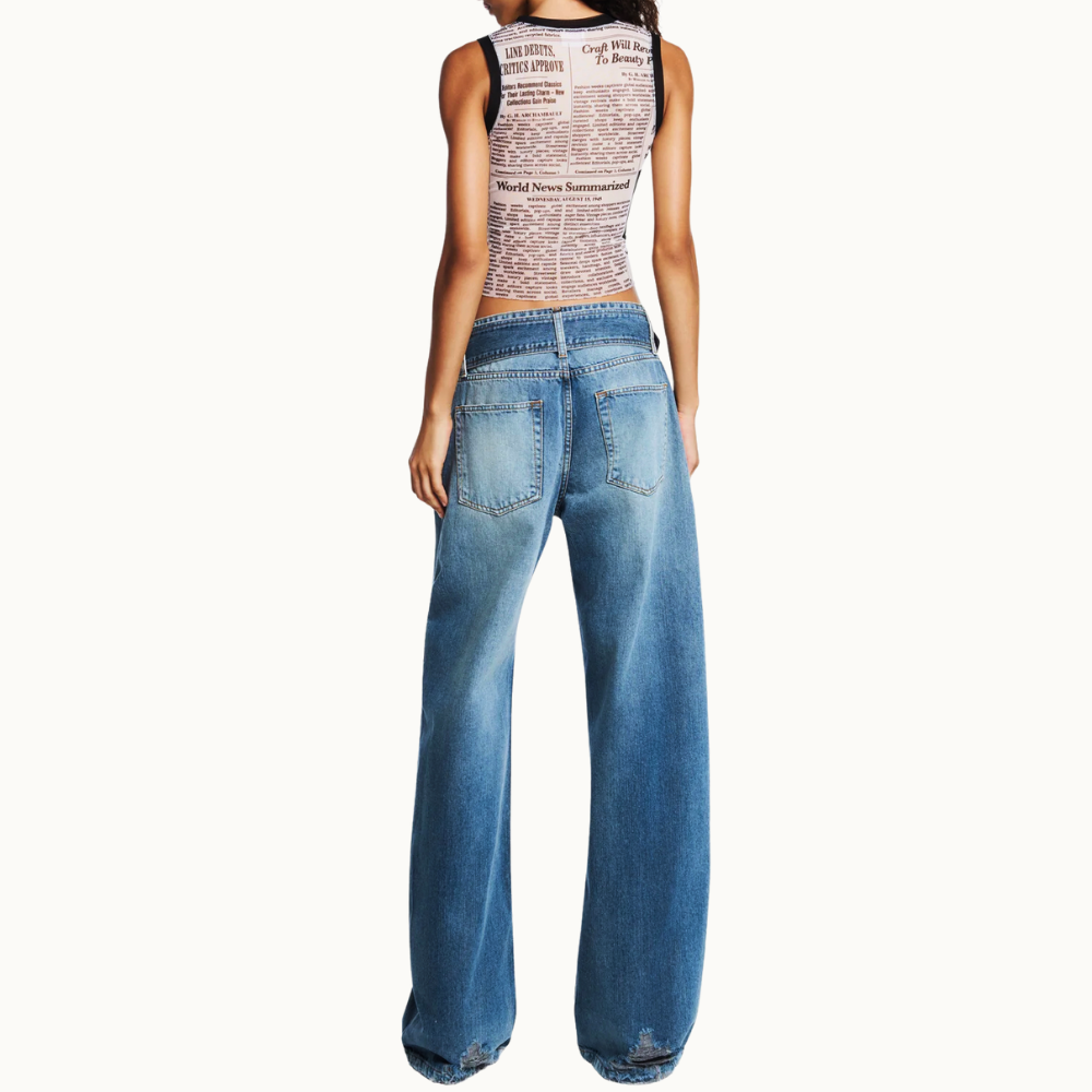 CALÇA JEANS PERNA LARGA CINTO CINTURA