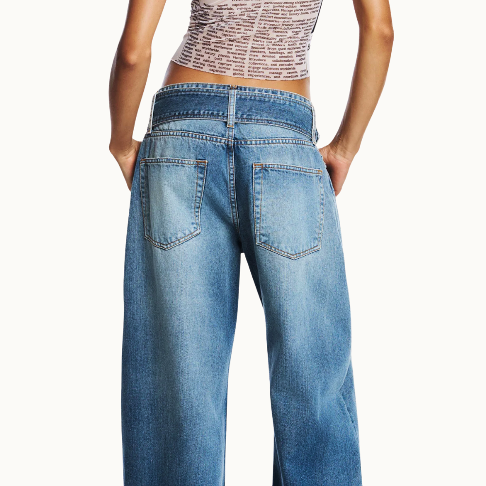 CALÇA JEANS PERNA LARGA CINTO CINTURA