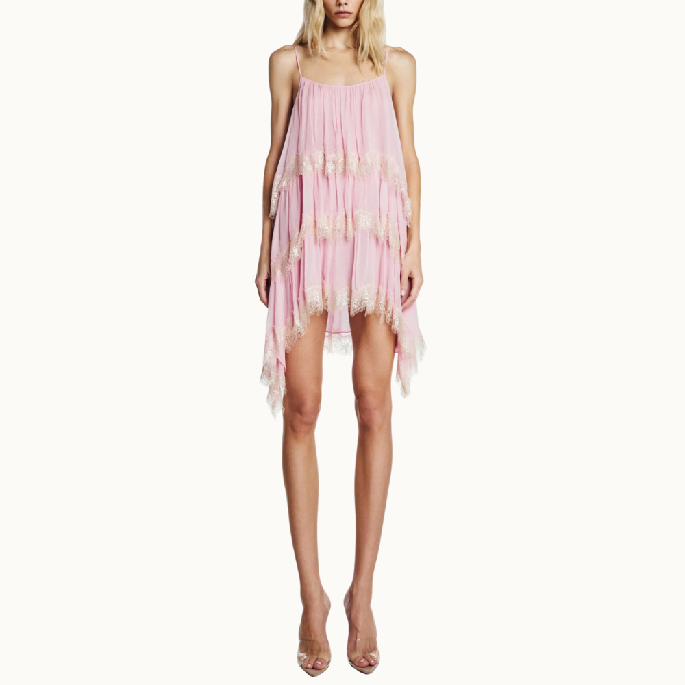 VESTIDO CURTO ALÇA BABADOS E RENDAS CHIFFON