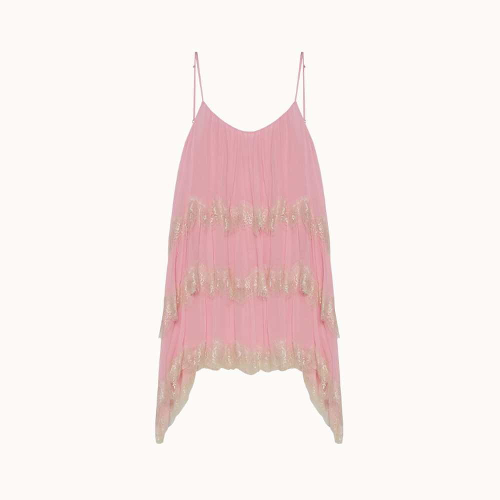 VESTIDO CURTO ALÇA BABADOS E RENDAS CHIFFON