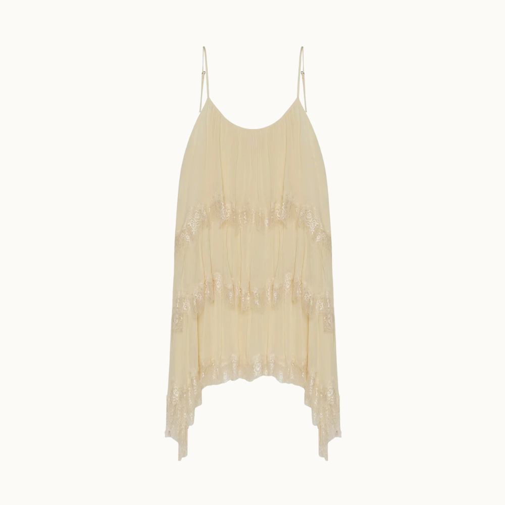 VESTIDO CURTO ALÇA BABADOS E RENDAS CHIFFON