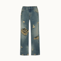 CALÇA JEANS AMARELADA RASGOS FLARE CINTURA BAIXA