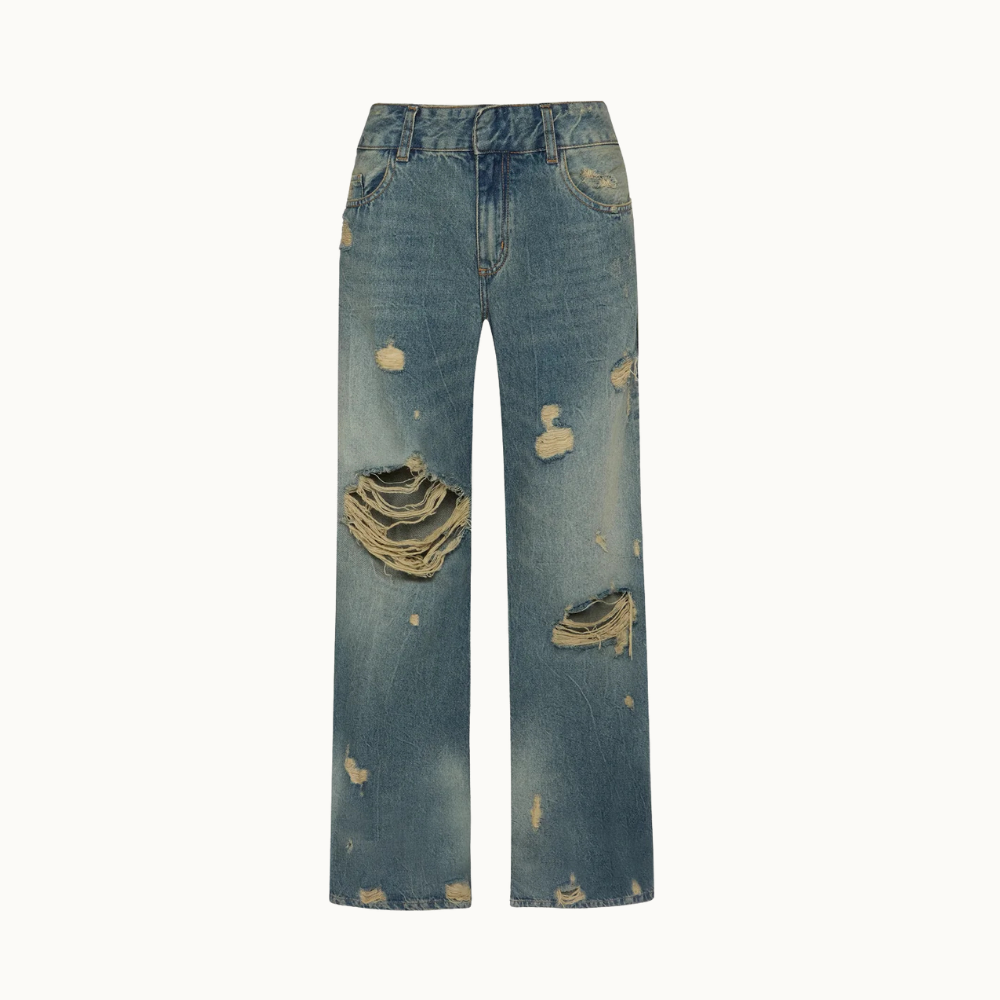 CALÇA JEANS AMARELADA RASGOS FLARE CINTURA BAIXA