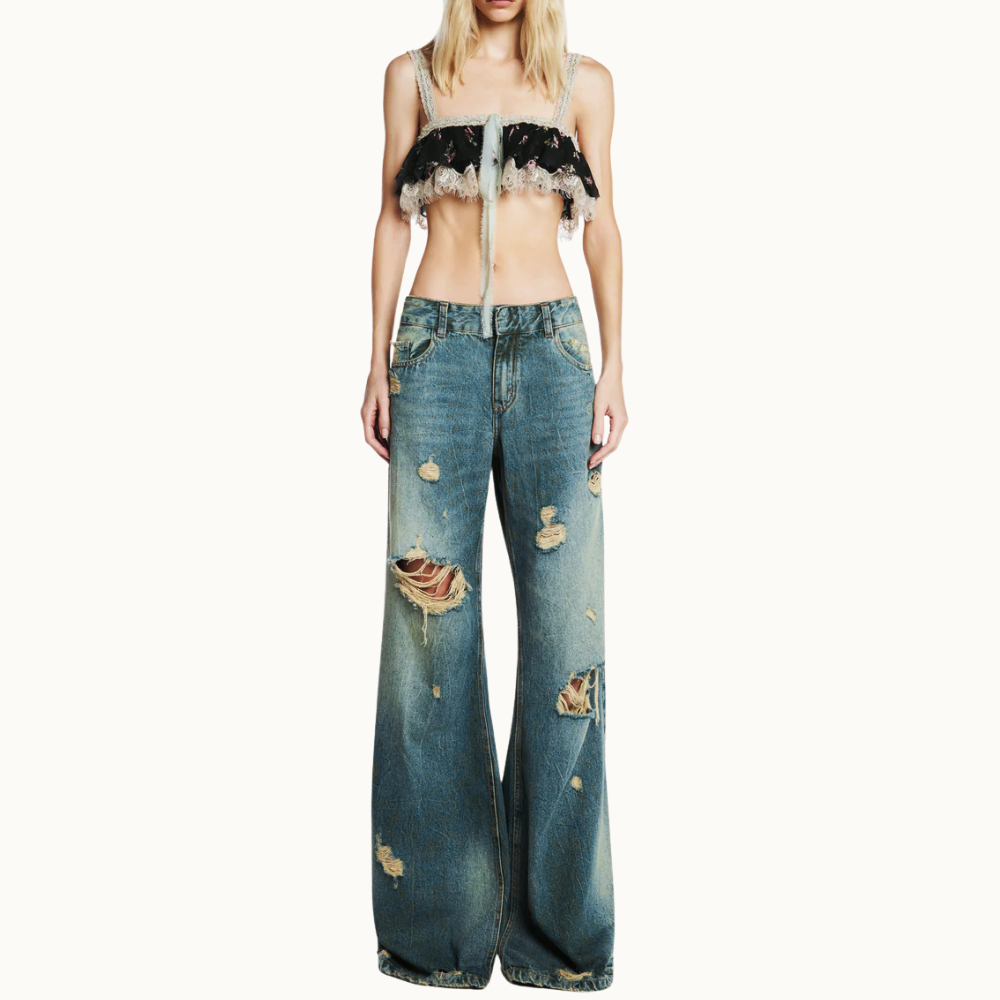 CALÇA JEANS AMARELADA RASGOS FLARE CINTURA BAIXA