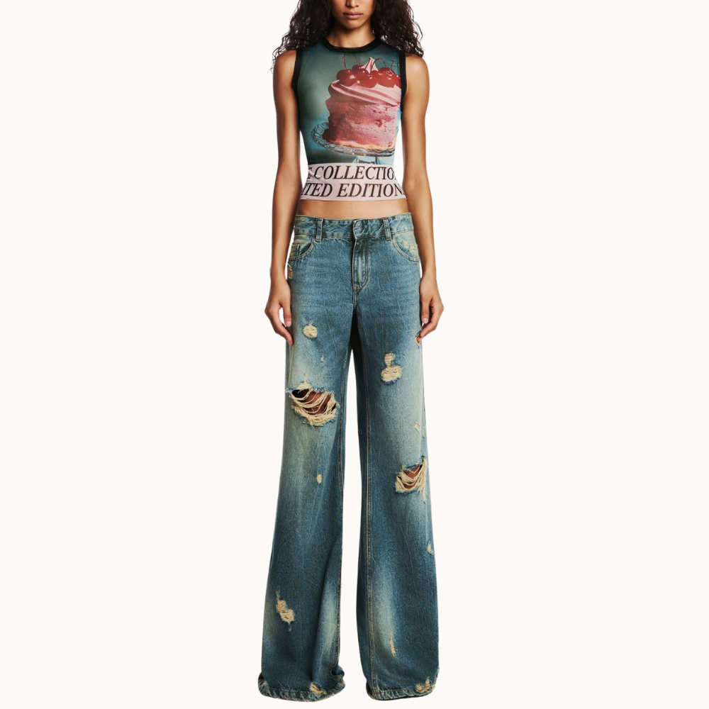 CALÇA JEANS AMARELADA RASGOS FLARE CINTURA BAIXA