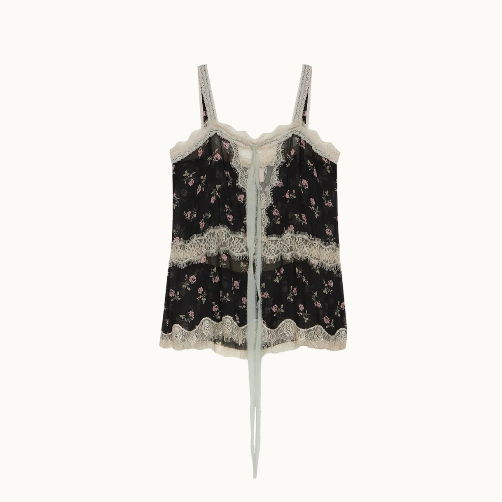 REGATA CHIFFON FLORAL PRETO COM RENDA