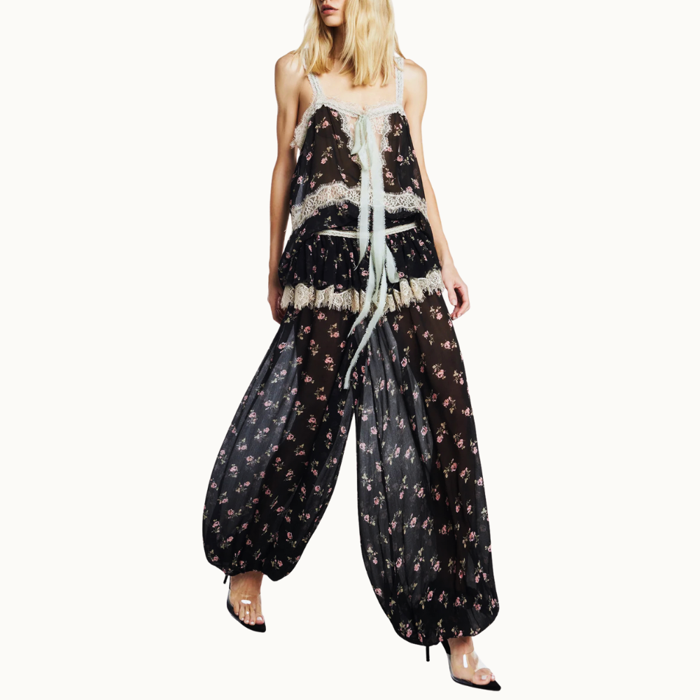 REGATA CHIFFON FLORAL PRETO COM RENDA