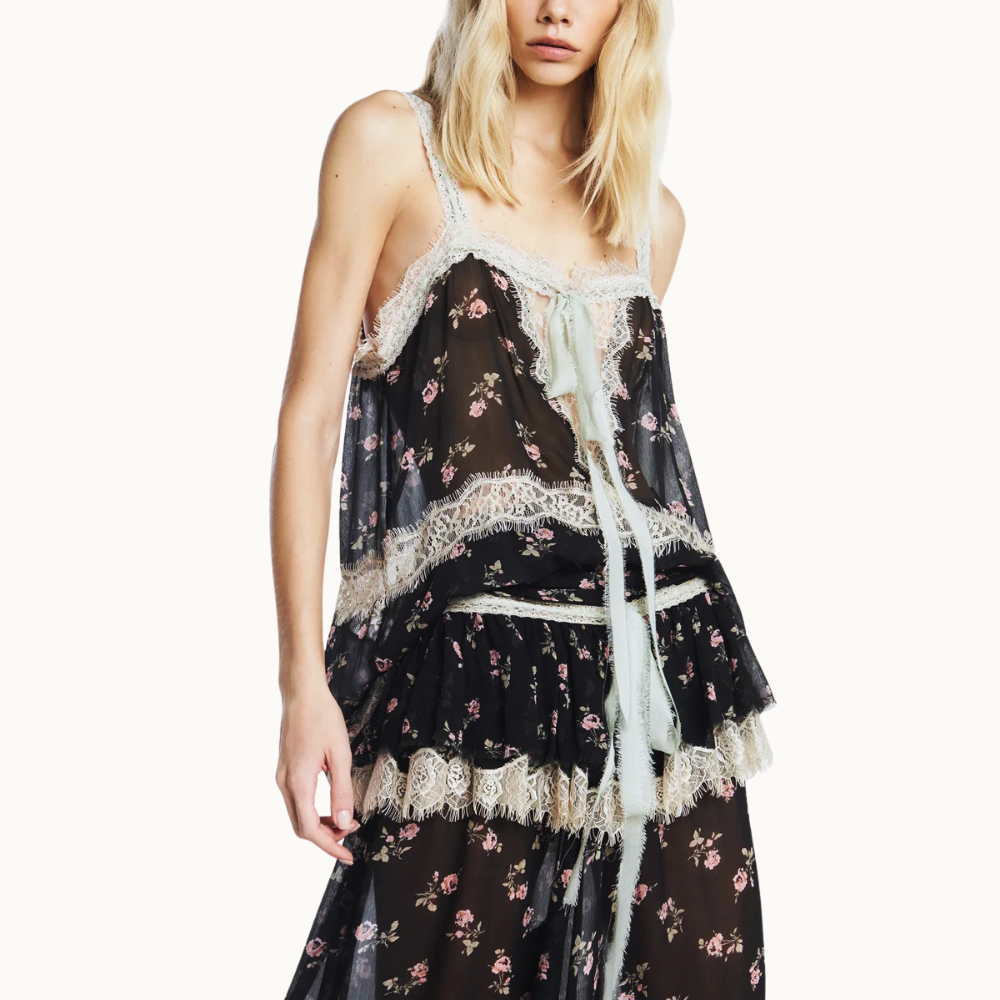 REGATA CHIFFON FLORAL PRETO COM RENDA
