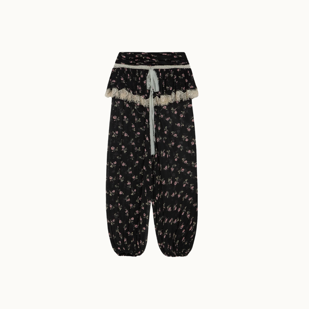 CALÇA ELÁSTICO BARRA CHIFFON FLORAL PRETO COM RENDA