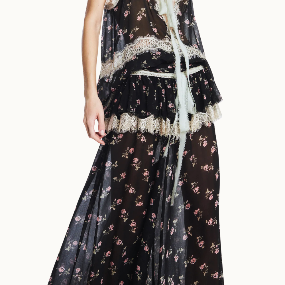 CALÇA ELÁSTICO BARRA CHIFFON FLORAL PRETO COM RENDA