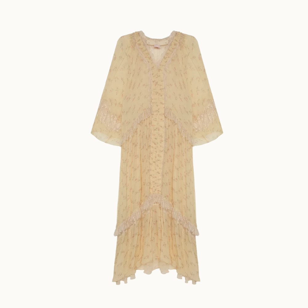 VESTIDO LONGO CHIFFON FLORAL BEGE COM RENDA