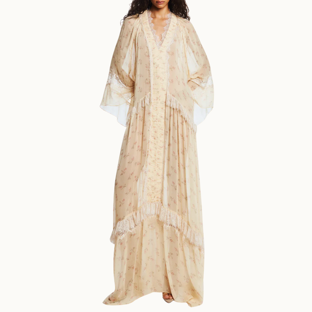 VESTIDO LONGO CHIFFON FLORAL BEGE COM RENDA