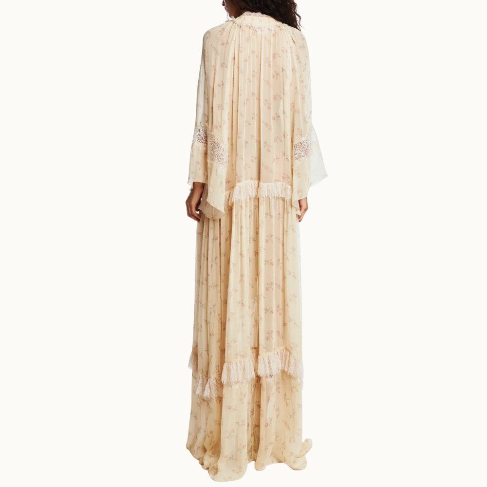 VESTIDO LONGO CHIFFON FLORAL BEGE COM RENDA