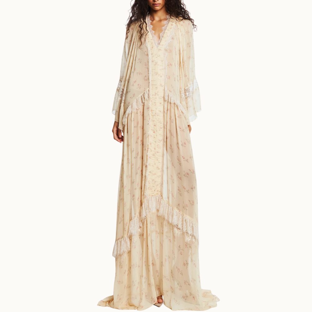 VESTIDO LONGO CHIFFON FLORAL BEGE COM RENDA