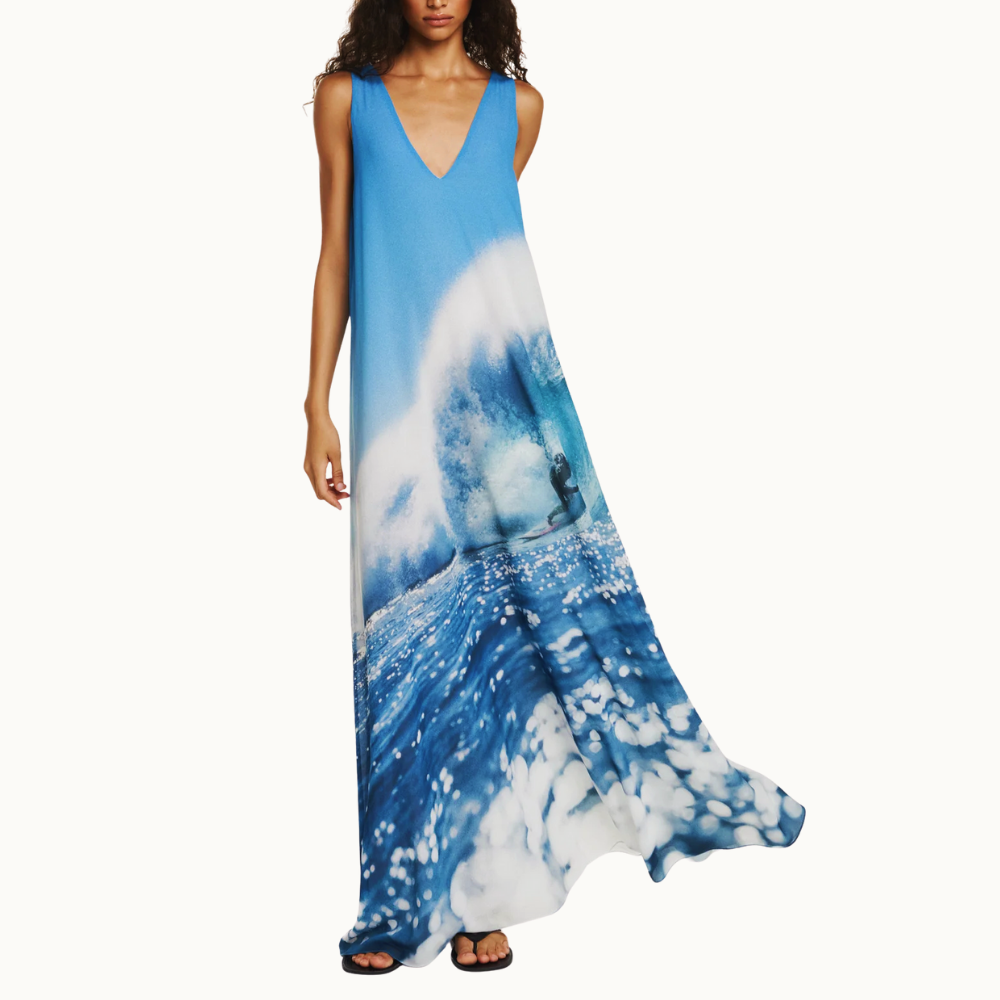 VESTIDO LONGO ALÇA LARGA GEORGETE SURF AZUL