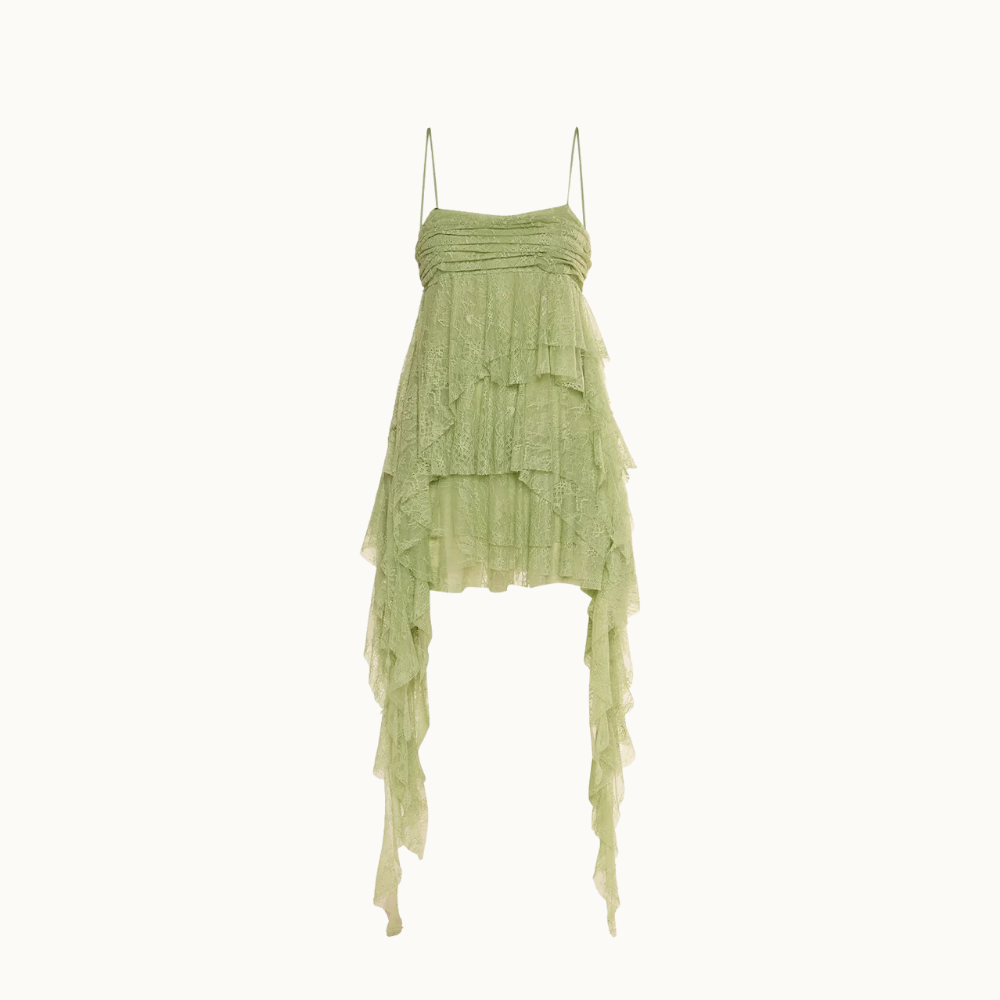 VESTIDO PALA DRAPEADA BABADOS ASSIMÉTRICOS RENDA