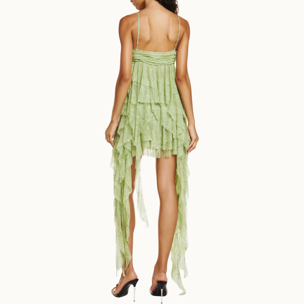 VESTIDO PALA DRAPEADA BABADOS ASSIMÉTRICOS RENDA