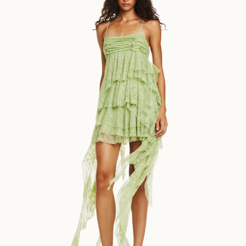 VESTIDO PALA DRAPEADA BABADOS ASSIMÉTRICOS RENDA