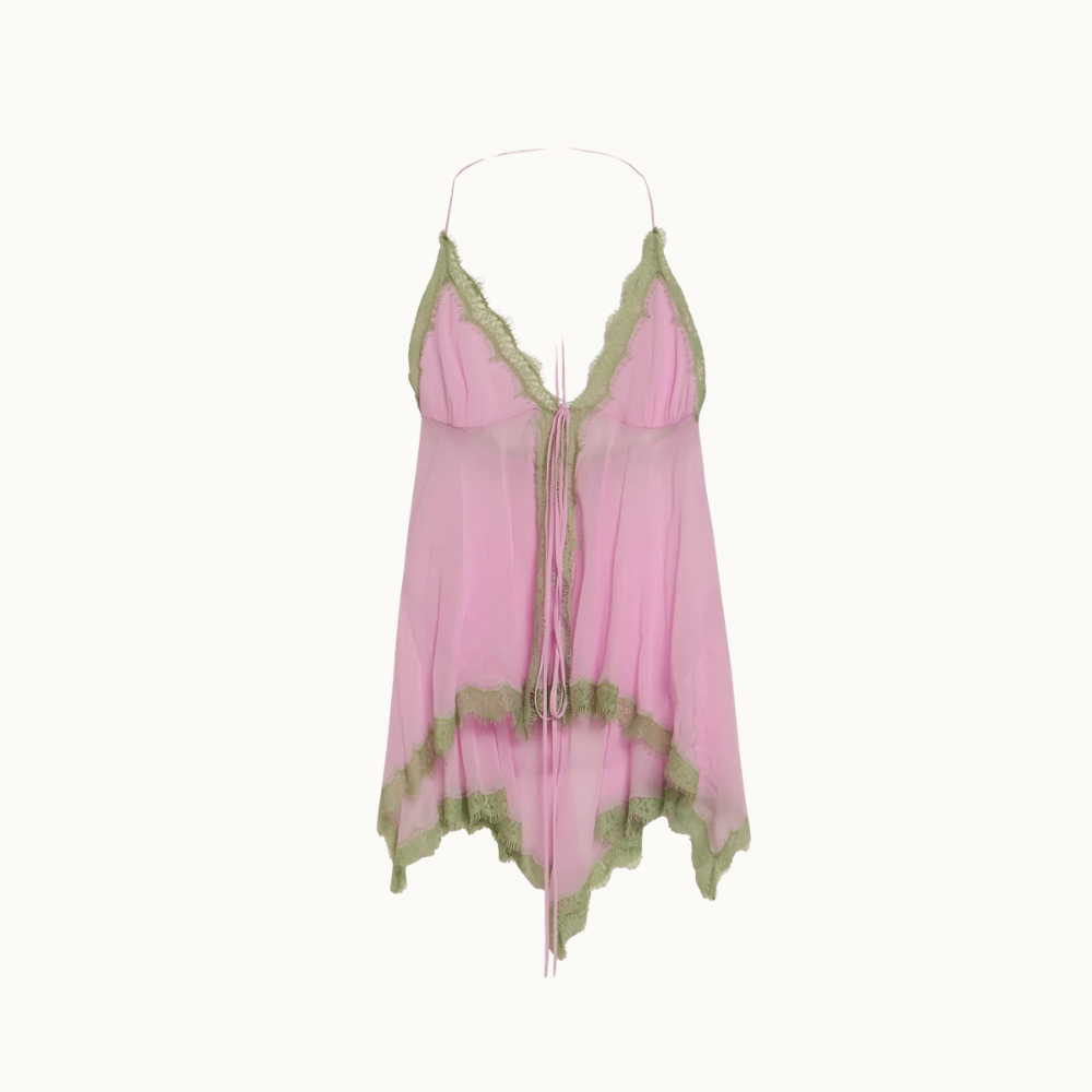 REGATA FRENTE ÚNICA CHIFFON ROSA RENDA