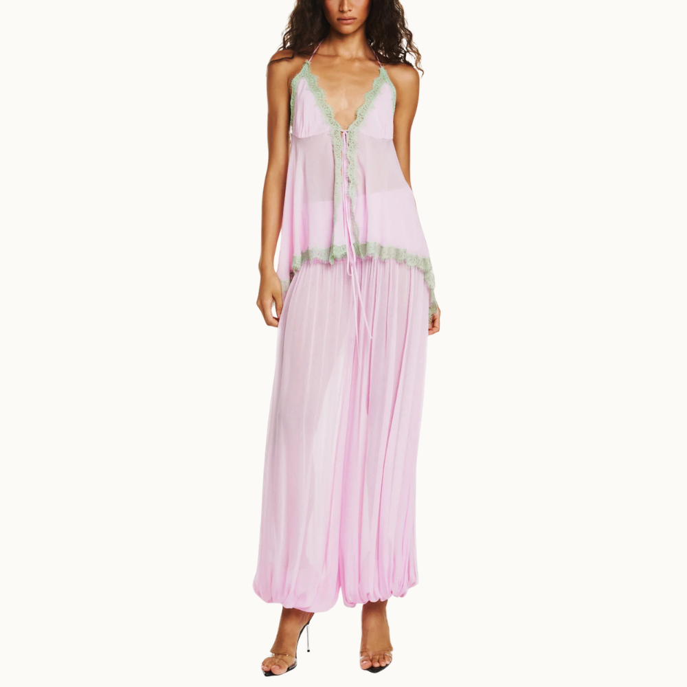 REGATA FRENTE ÚNICA CHIFFON ROSA RENDA