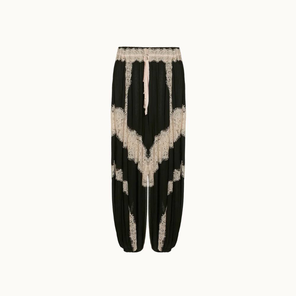 CALÇA ELÁSTICO CINTURA E BARRA CHIFFON COM RENDA