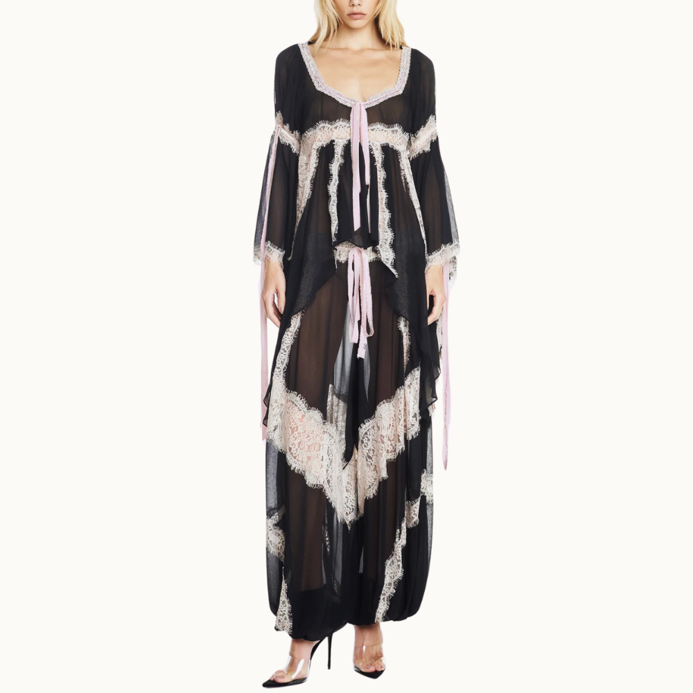 CALÇA ELÁSTICO CINTURA E BARRA CHIFFON COM RENDA