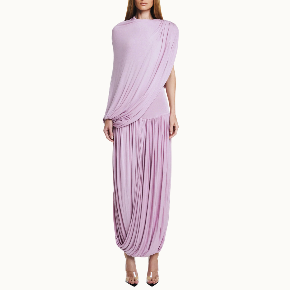 VESTIDO LONGO CAPA SOBREPOSTA SAIA TORCIDA MALHA ROSA