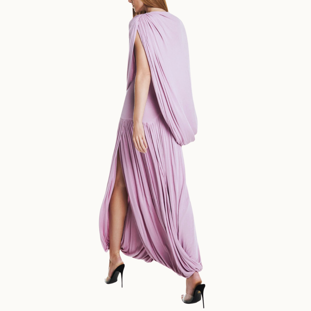 VESTIDO LONGO CAPA SOBREPOSTA SAIA TORCIDA MALHA ROSA