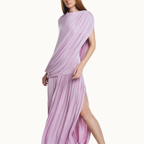 VESTIDO LONGO CAPA SOBREPOSTA SAIA TORCIDA MALHA ROSA