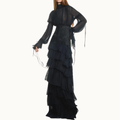VESTIDO LONGO BABADOS MANGA LONGA CHIFFON COM CORSET DE JACQUARD