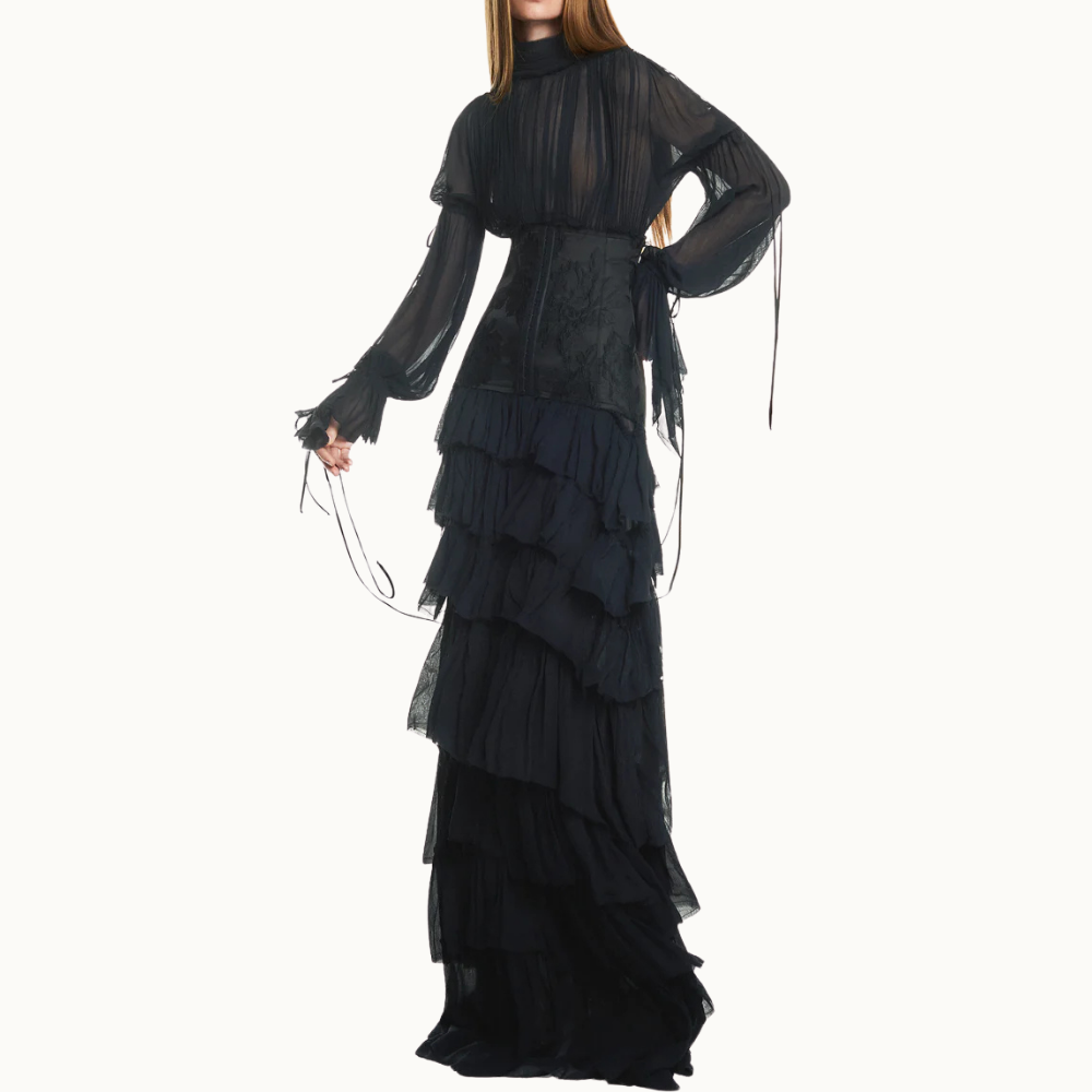 VESTIDO LONGO BABADOS MANGA LONGA CHIFFON COM CORSET DE JACQUARD