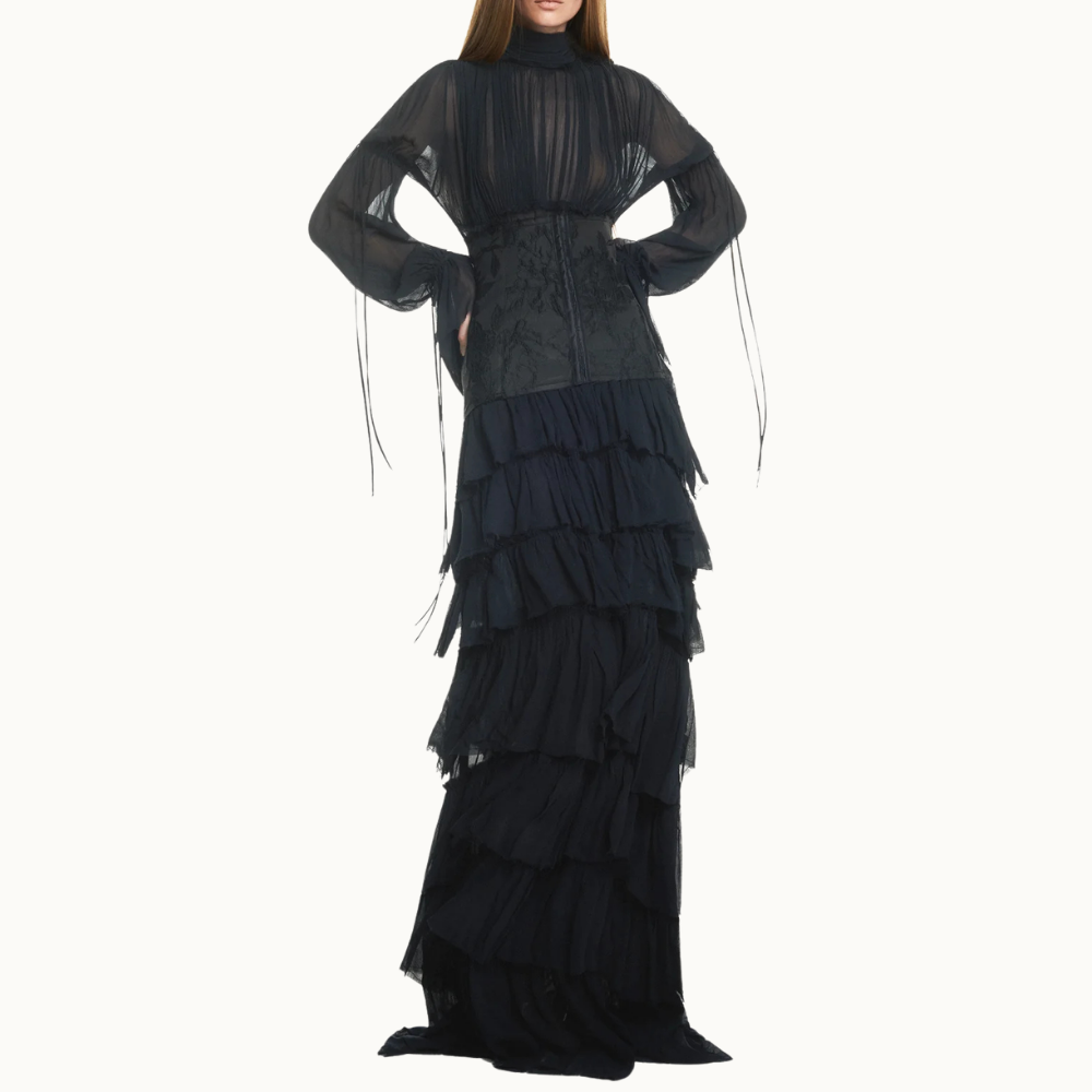 VESTIDO LONGO BABADOS MANGA LONGA CHIFFON COM CORSET DE JACQUARD