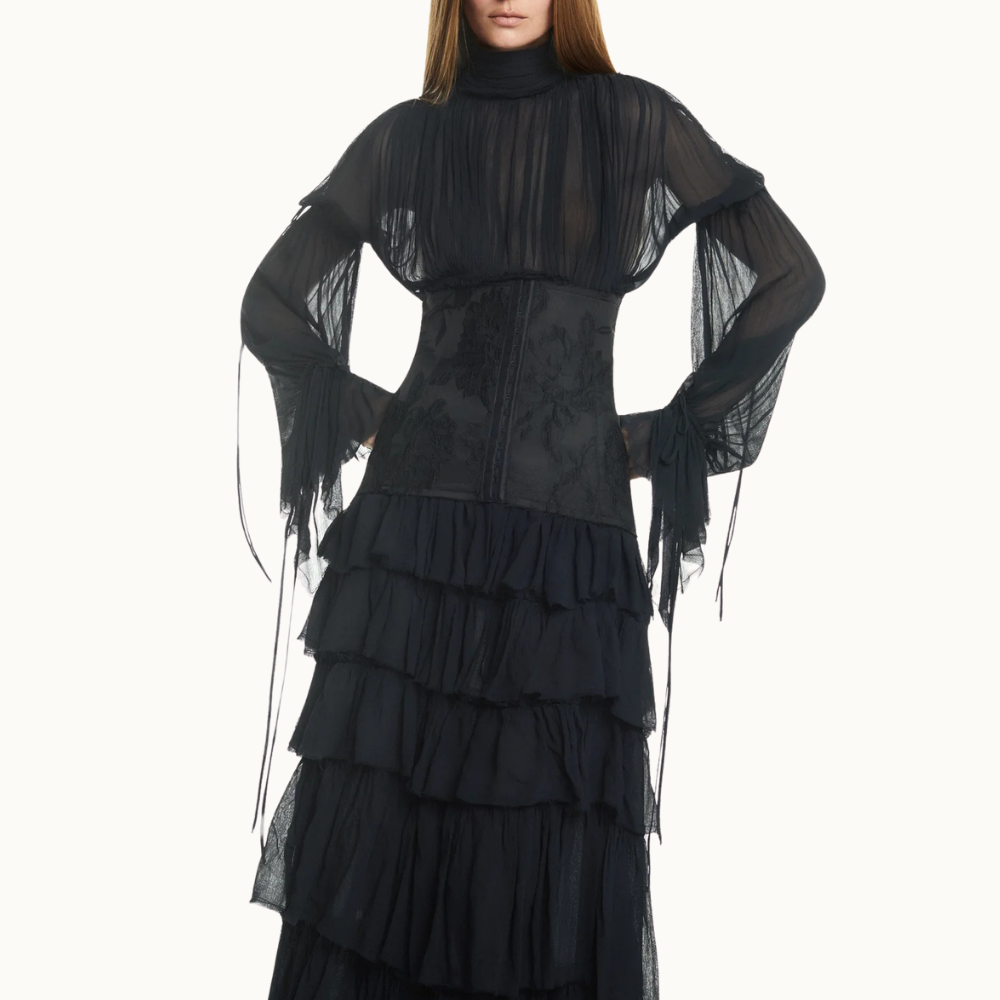 VESTIDO LONGO BABADOS MANGA LONGA CHIFFON COM CORSET DE JACQUARD