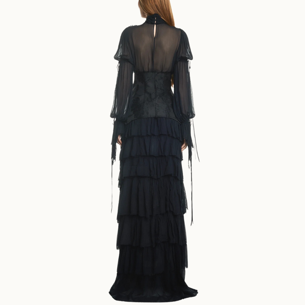 VESTIDO LONGO BABADOS MANGA LONGA CHIFFON COM CORSET DE JACQUARD