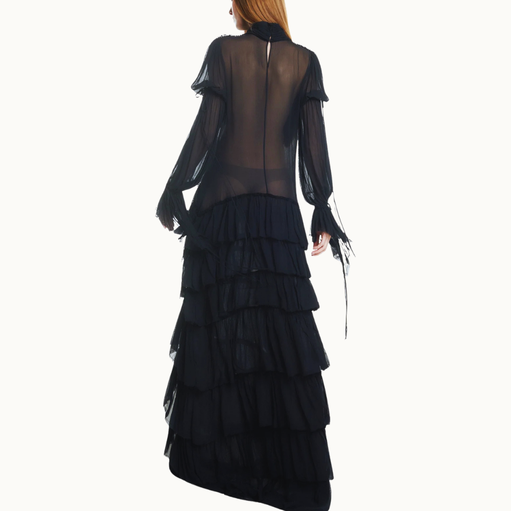 VESTIDO LONGO BABADOS MANGA LONGA CHIFFON COM CORSET DE JACQUARD