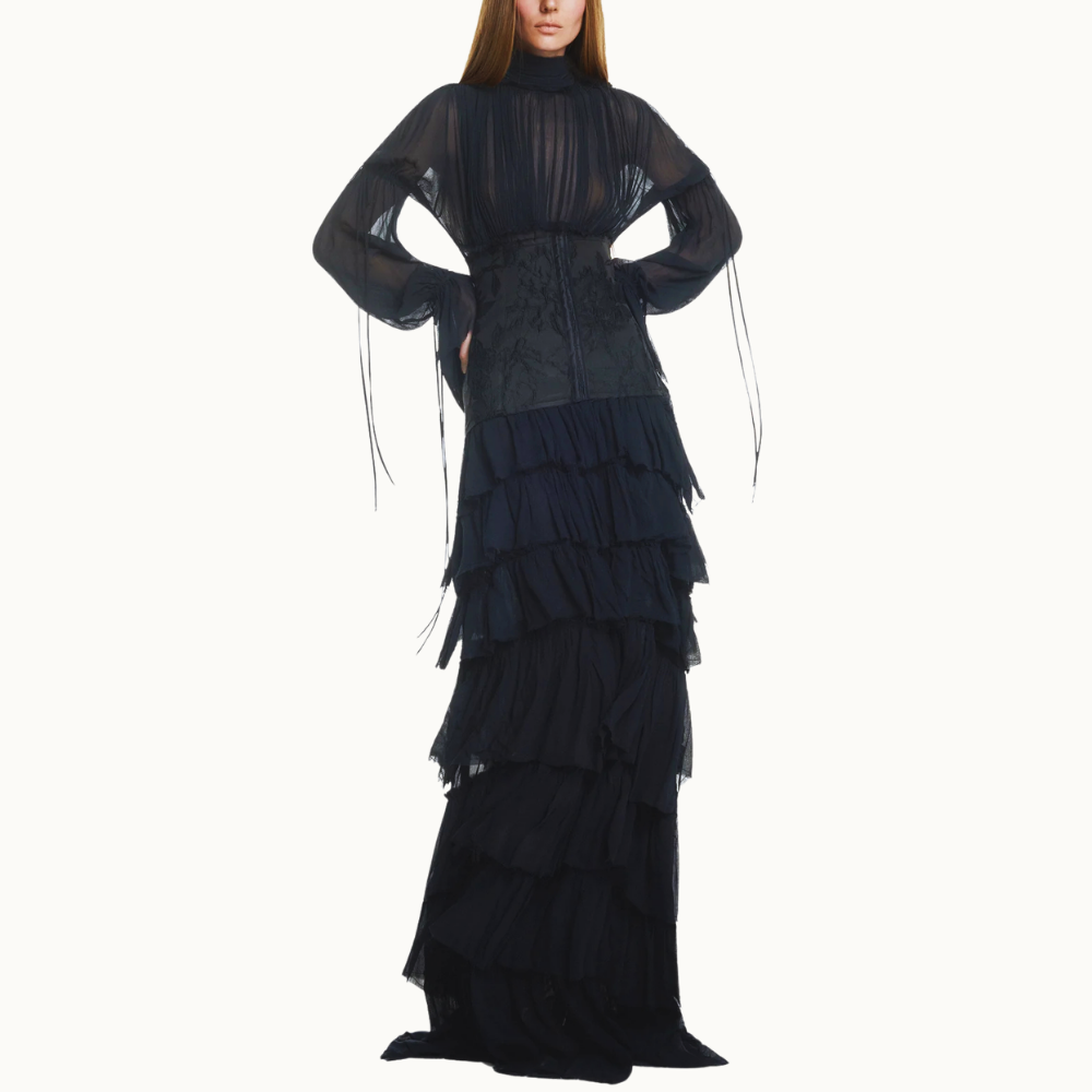 VESTIDO LONGO BABADOS MANGA LONGA CHIFFON COM CORSET DE JACQUARD