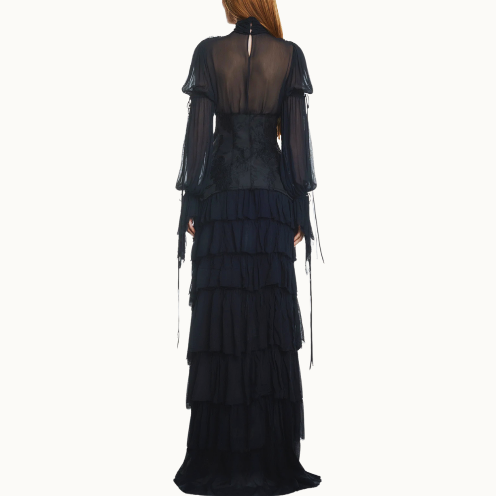 VESTIDO LONGO BABADOS MANGA LONGA CHIFFON COM CORSET DE JACQUARD