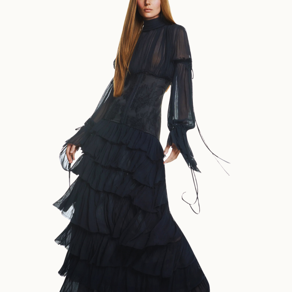 VESTIDO LONGO BABADOS MANGA LONGA CHIFFON COM CORSET DE JACQUARD