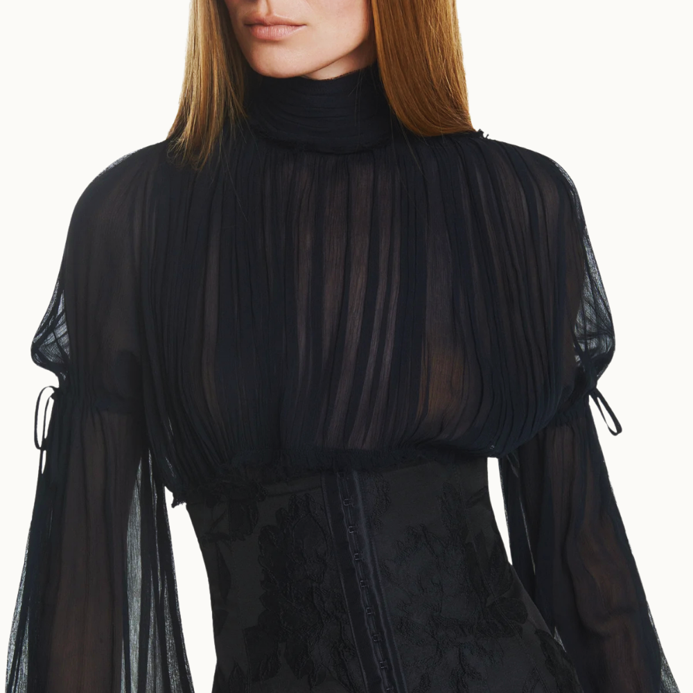 VESTIDO LONGO BABADOS MANGA LONGA CHIFFON COM CORSET DE JACQUARD