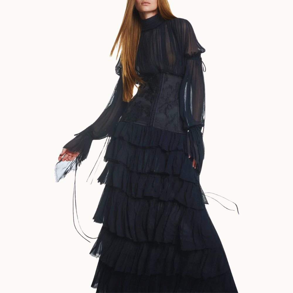 VESTIDO LONGO BABADOS MANGA LONGA CHIFFON COM CORSET DE JACQUARD