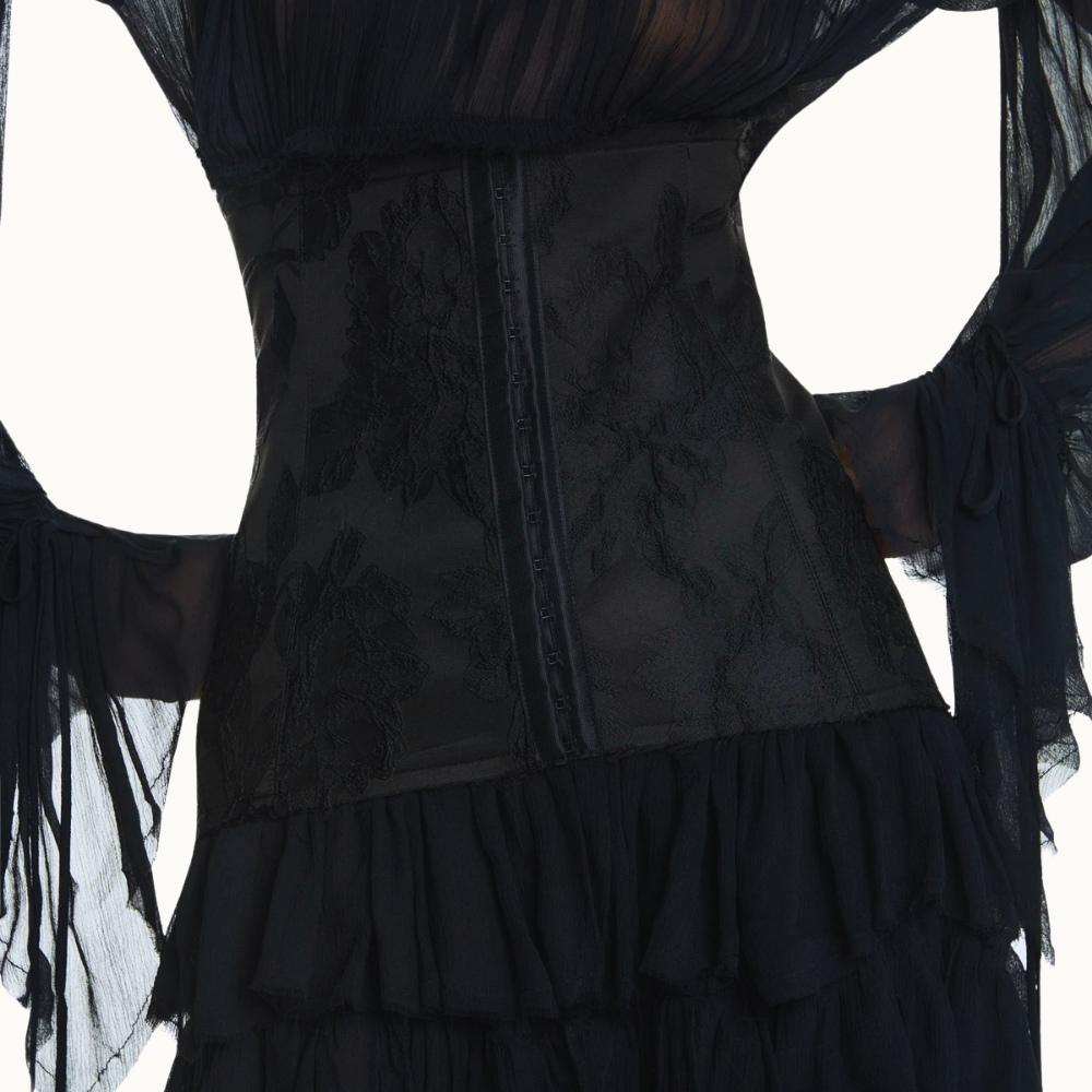 VESTIDO LONGO BABADOS MANGA LONGA CHIFFON COM CORSET DE JACQUARD