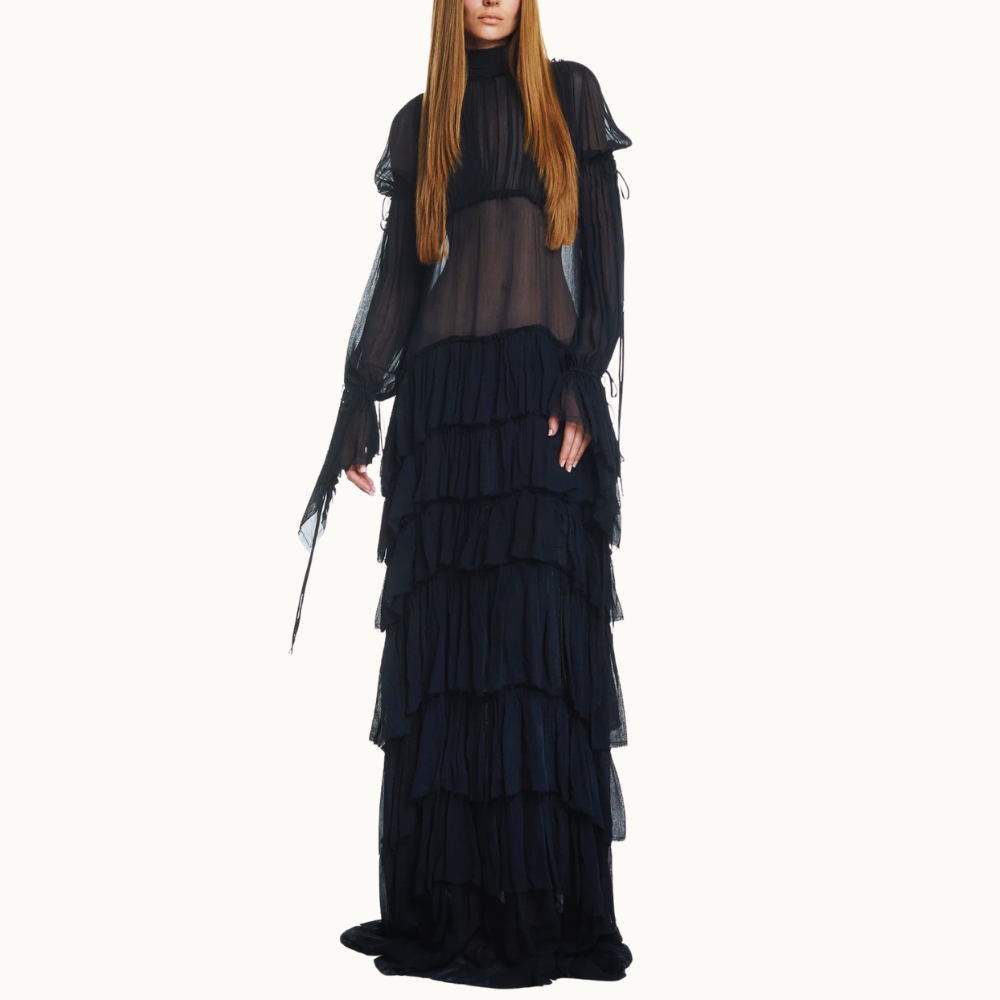 VESTIDO LONGO BABADOS MANGA LONGA CHIFFON COM CORSET DE JACQUARD