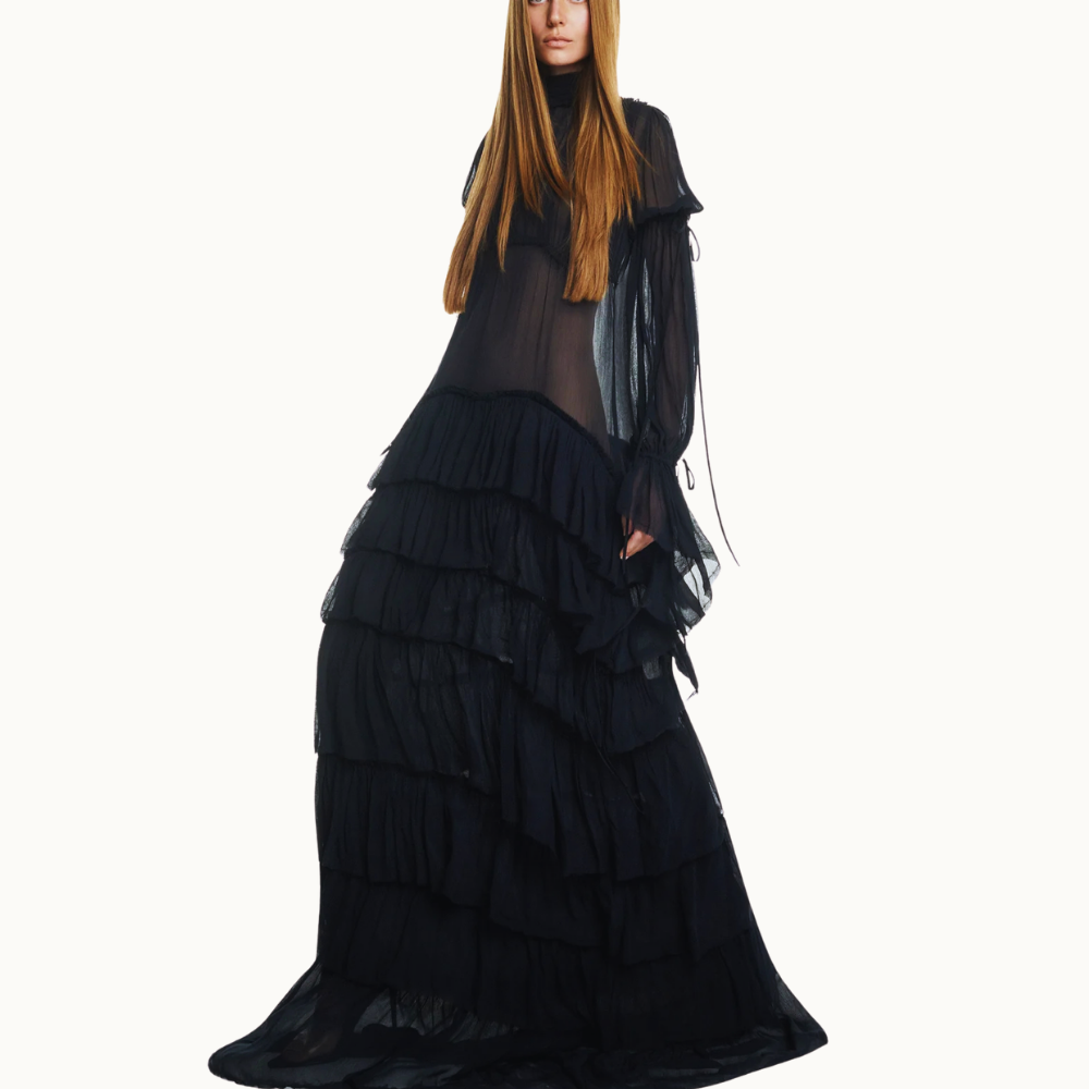 VESTIDO LONGO BABADOS MANGA LONGA CHIFFON COM CORSET DE JACQUARD