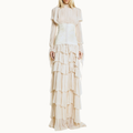 VESTIDO LONGO BABADOS MANGA LONGA CHIFFON COM CORSET DE JACQUARD AREIA