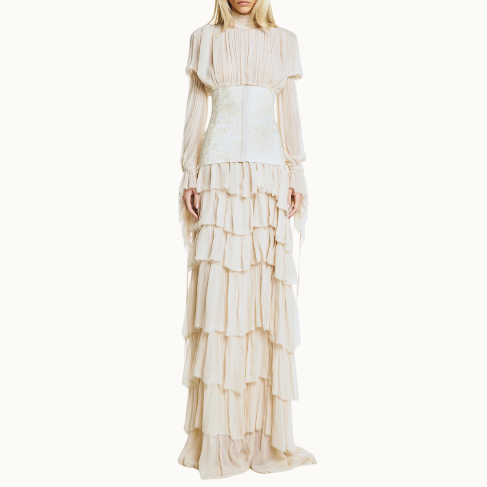 VESTIDO LONGO BABADOS MANGA LONGA CHIFFON COM CORSET DE JACQUARD AREIA