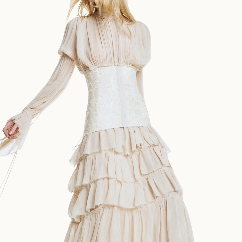 VESTIDO LONGO BABADOS MANGA LONGA CHIFFON COM CORSET DE JACQUARD AREIA