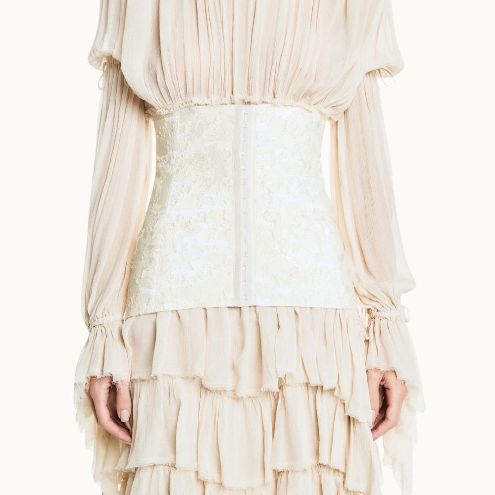 VESTIDO LONGO BABADOS MANGA LONGA CHIFFON COM CORSET DE JACQUARD