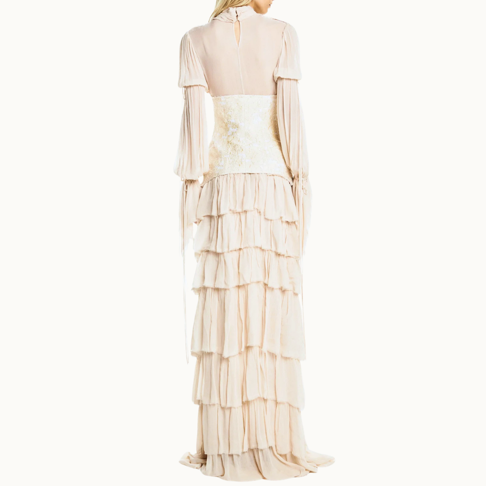 VESTIDO LONGO BABADOS MANGA LONGA CHIFFON COM CORSET DE JACQUARD