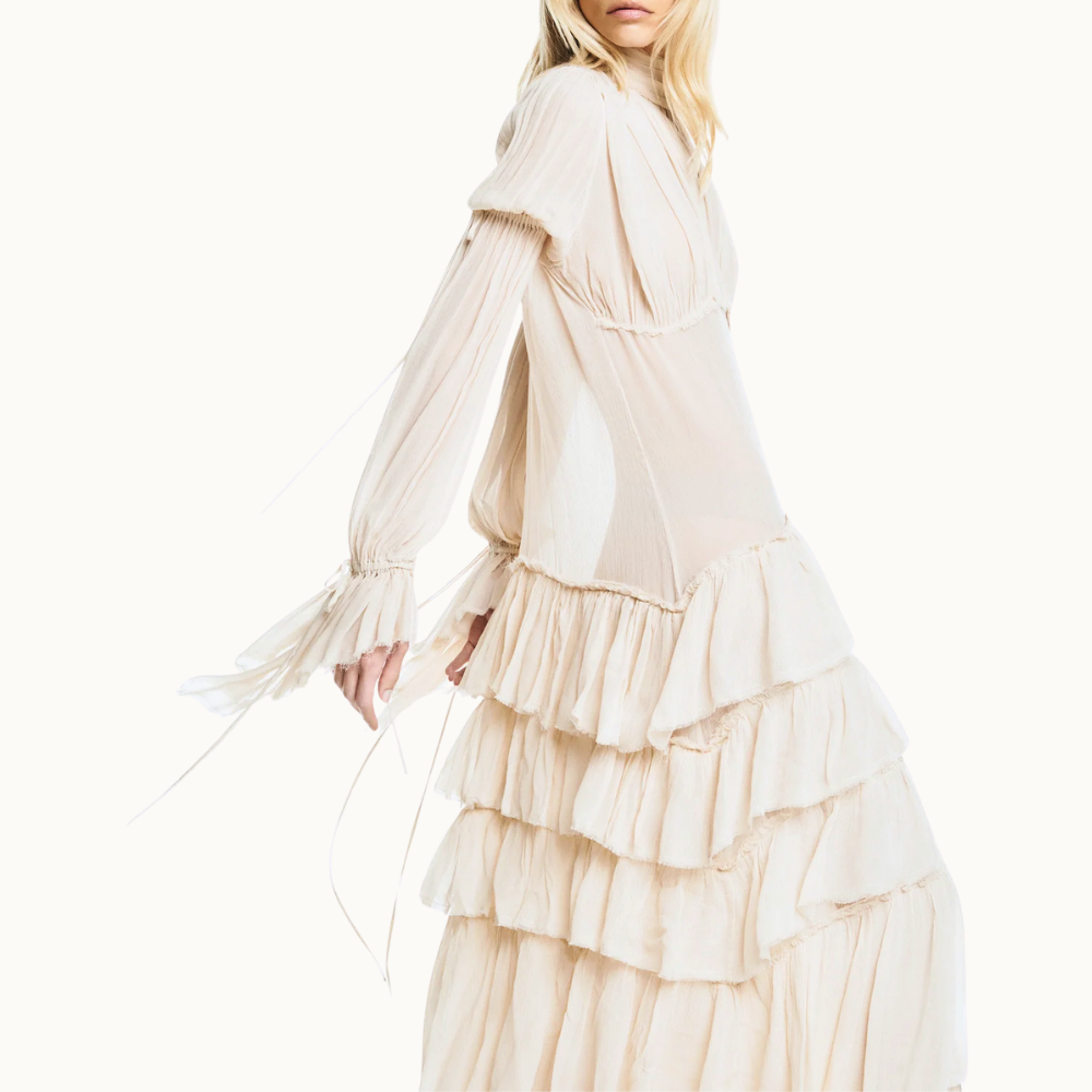 VESTIDO LONGO BABADOS MANGA LONGA CHIFFON COM CORSET DE JACQUARD